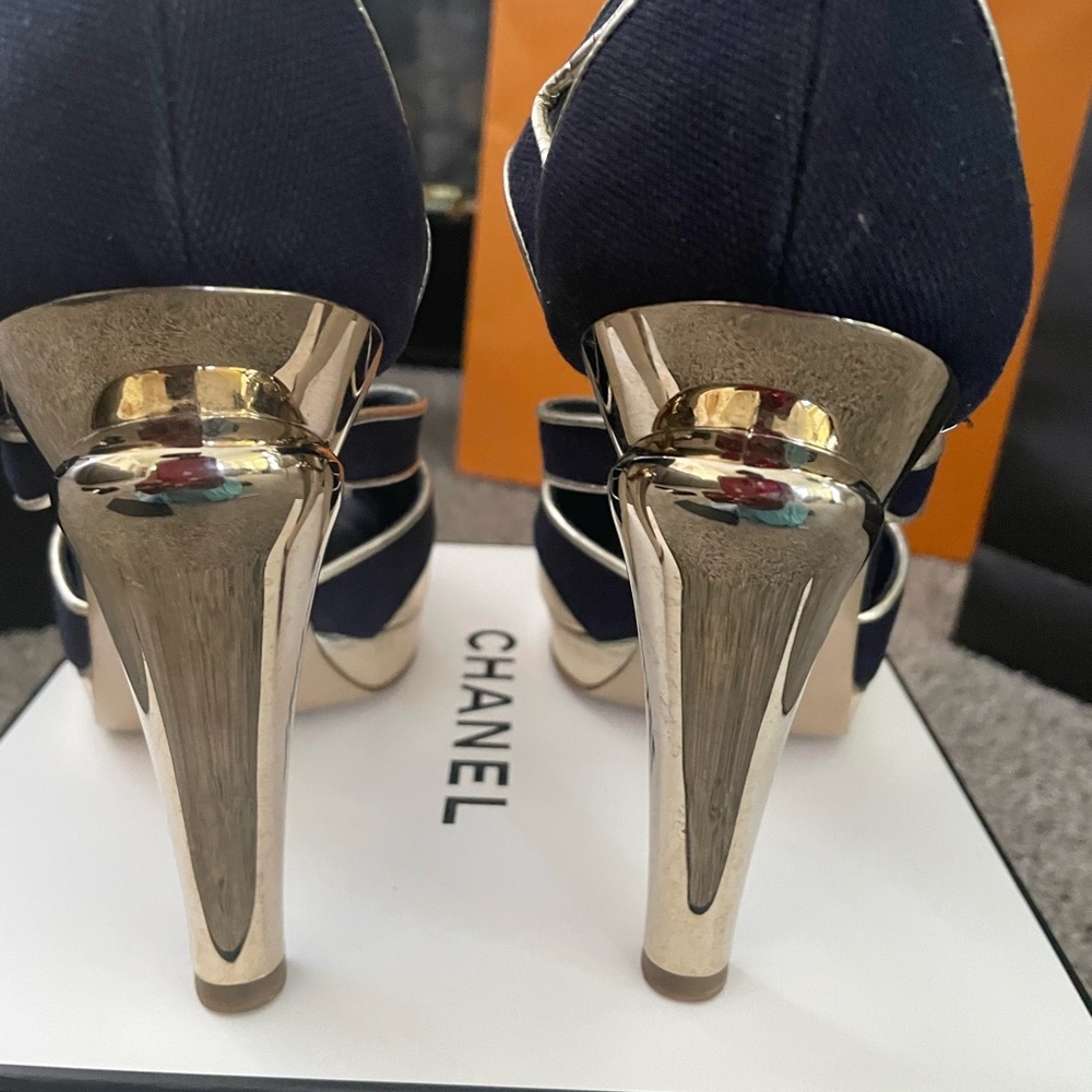 "Navy Canvas Chanel Pumps with Gold Heel - Authentic Luxury on Poshmark" - Picture 10 of 11